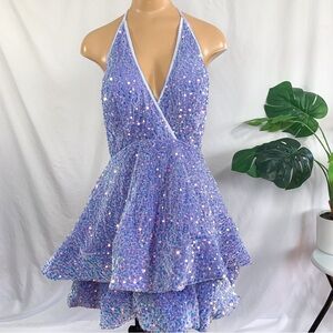 Custom Sparkling Sequin Halter Dress in Purple Size 2XL